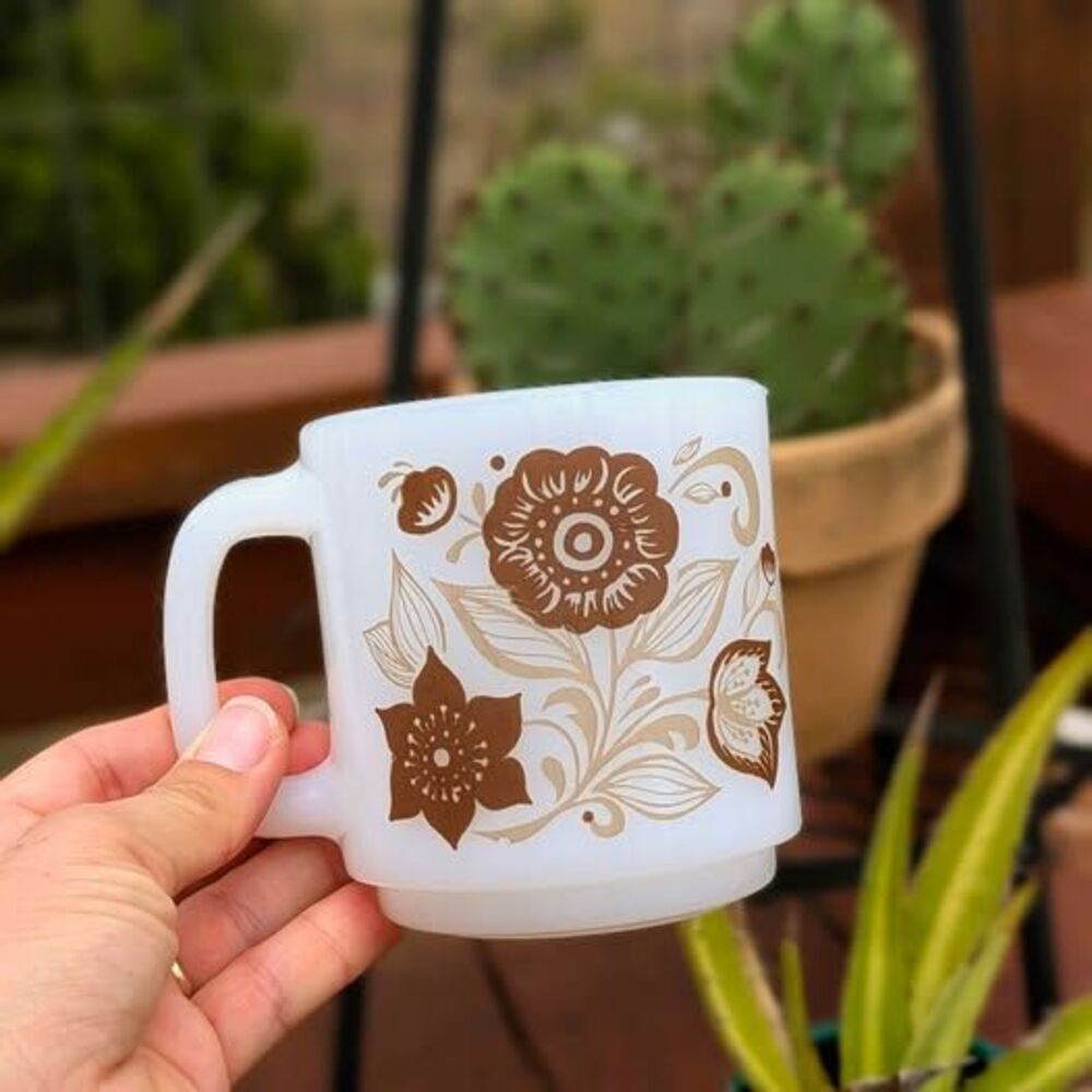 Vintage Glasbake milk glass Coffee Cup Brown & Beige Floral Flower Mug Retro 70s